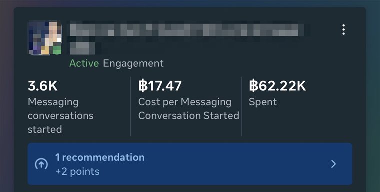 Ads Manager: 3,600 messaging conversations started, 17.47 THB per conversation, 62,220 THB ad spend