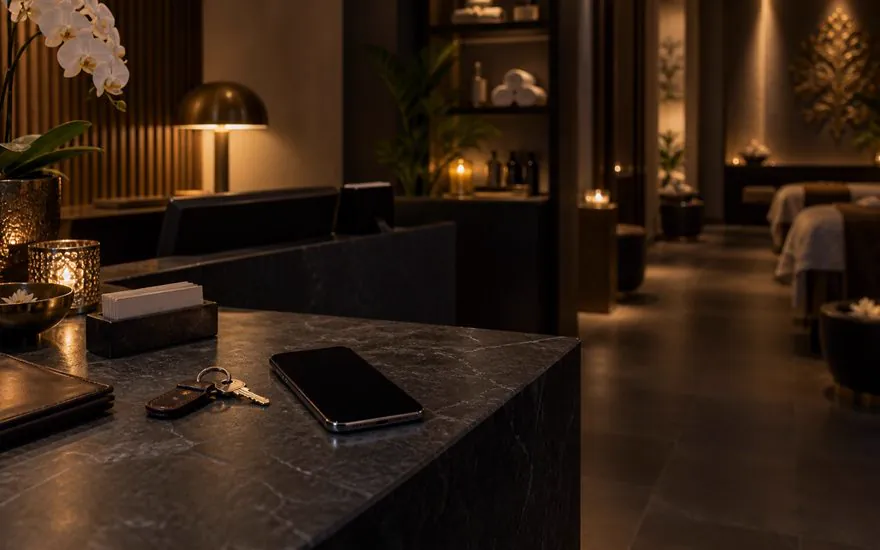 โต๊ะต้อนรับสปาแสงทอง มีโทรศัพท์และกุญแจห้องวางอยู่