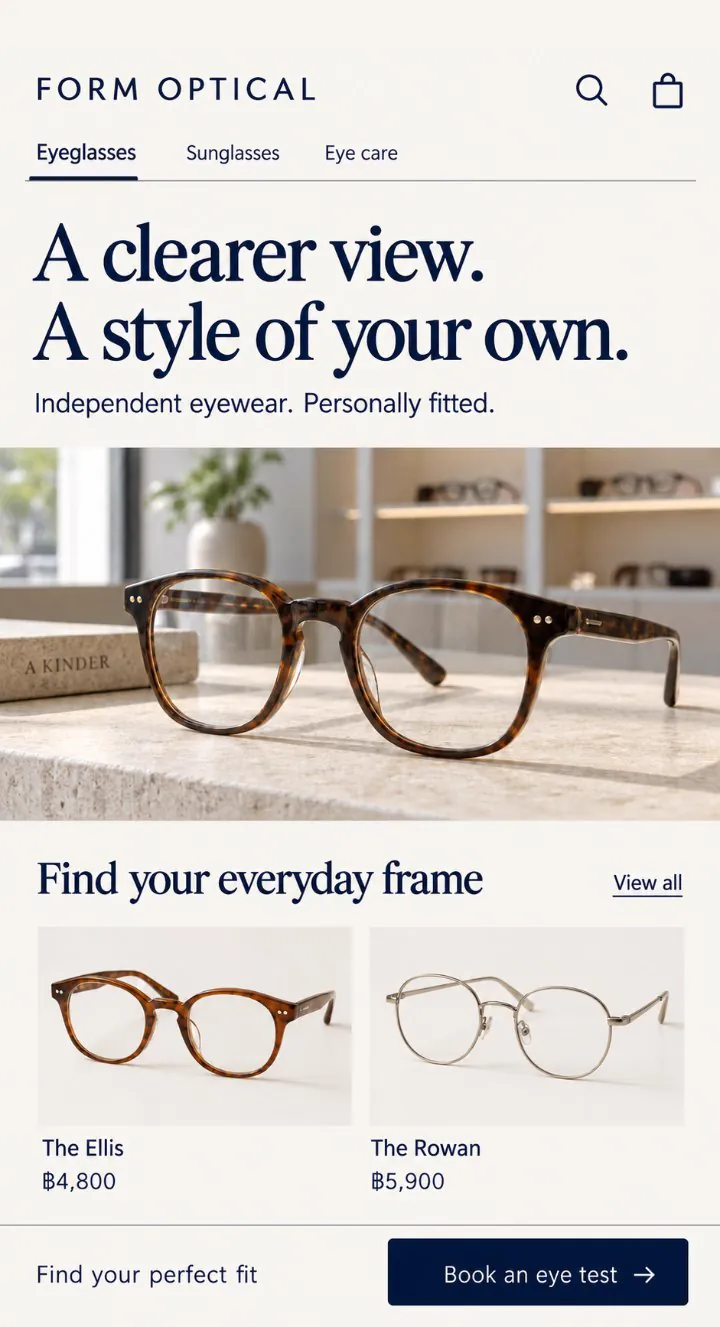 เว็บคอนเซปต์ร้านแว่น FORM OPTICAL หน้าแรก พร้อมกรอบแว่นและปุ่มนัดวัดสายตา