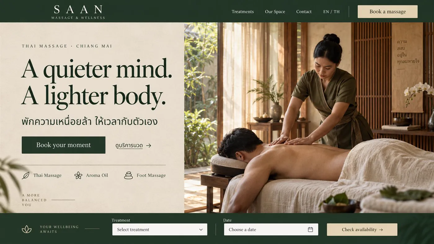 ตัวอย่างเว็บร้านนวด SAAN — หัวข้อ A quieter mind. A lighter body. รูปหมอนวดกำลังนวดหลังในห้องไม้ และแถบจองเลือกบริการกับวันที่ติดล่างจอ