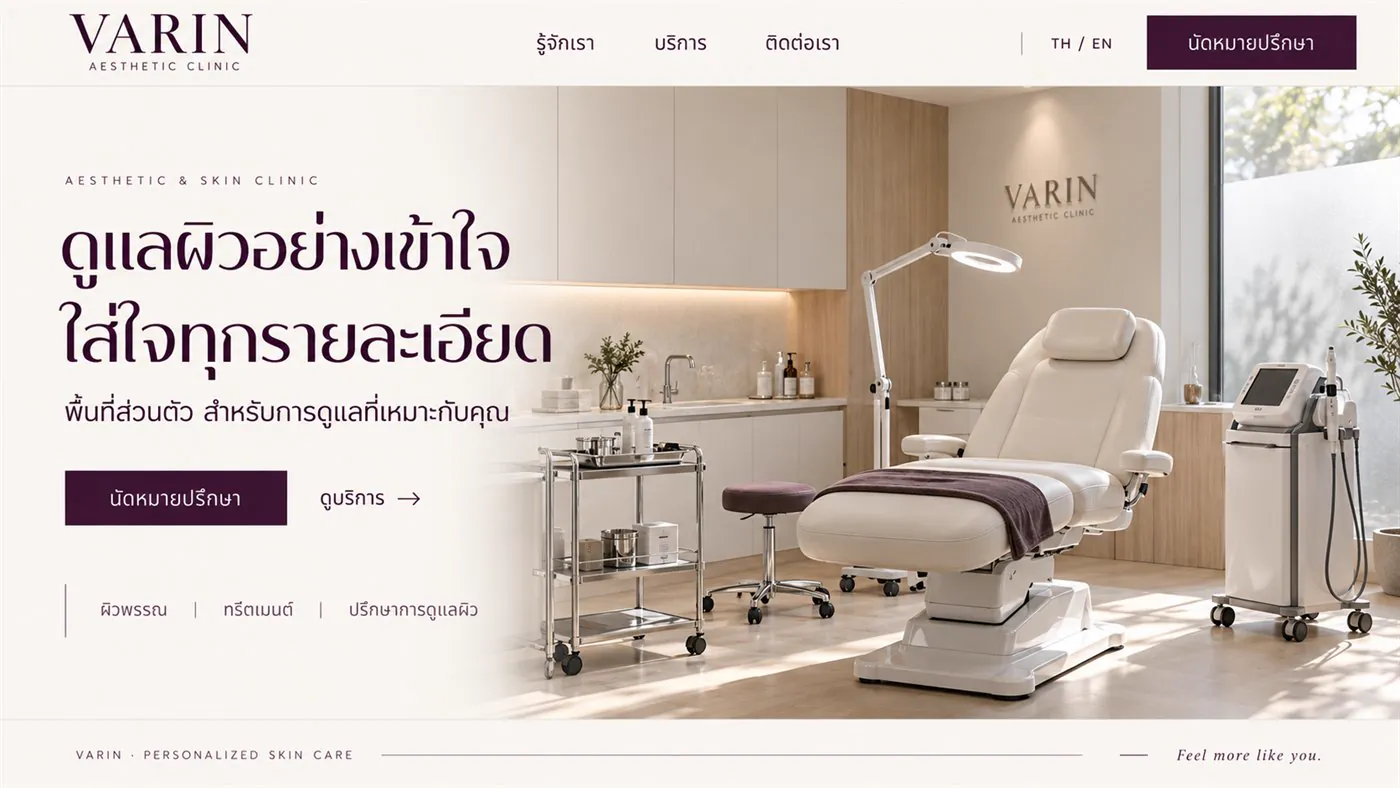 ตัวอย่างเว็บคลินิกความงาม VARIN — หัวข้อ ดูแลผิวอย่างเข้าใจ ใส่ใจทุกรายละเอียด ปุ่มนัดหมายปรึกษา และห้องทรีตเมนต์สีขาวสะอาด